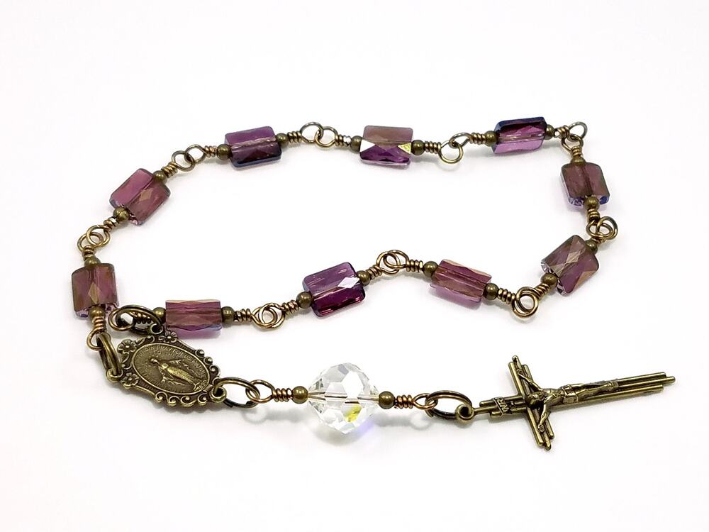 Miraculous Medal One Decade Rosary, Holy Rosary, Swarovski Purple Beads